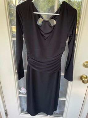 White House Black Market Black Cutout Back Dress Sz 8 Gold Detail